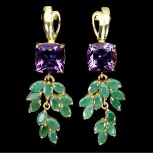 Elegant Genuine Emerald Amethyst Earrings